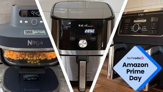 A split image of the Ninja Crispi, Instant Vortex, and Ninja Dual Zone air fryers