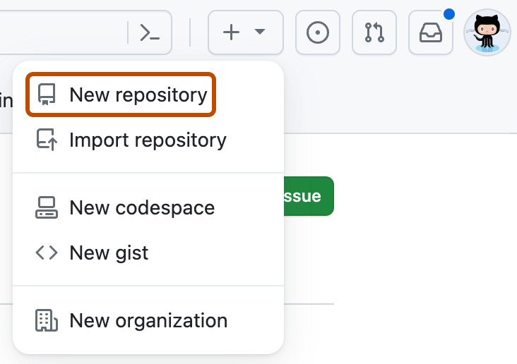 Capture d’écran d’un menu déroulant GitHub montrant les options permettant de créer des éléments. L’élément de menu « Nouveau référentiel » est souligné en orange foncé.