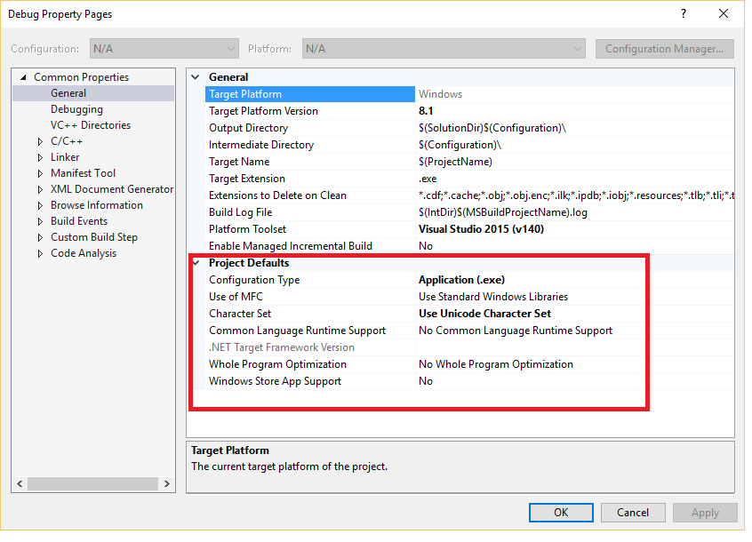 Visual C++ project Defaults Screenshot of the Property Pages dialog with the Project Defaults properties highlighted.