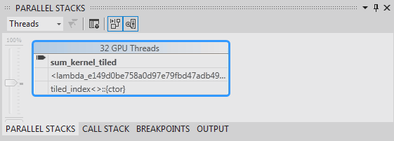 Parallel Stacks window with 4 active threads Parallel Stacks window with 4 active threads