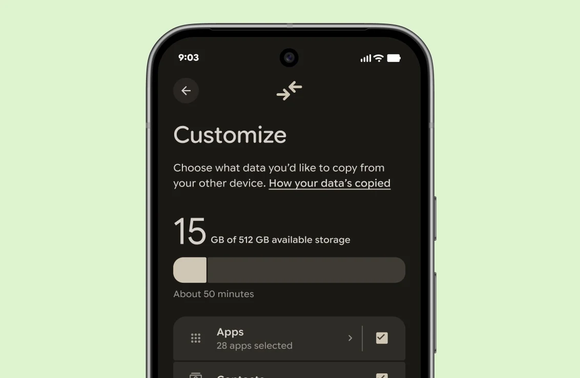 Pixel device showing a ”copy your data” screen view