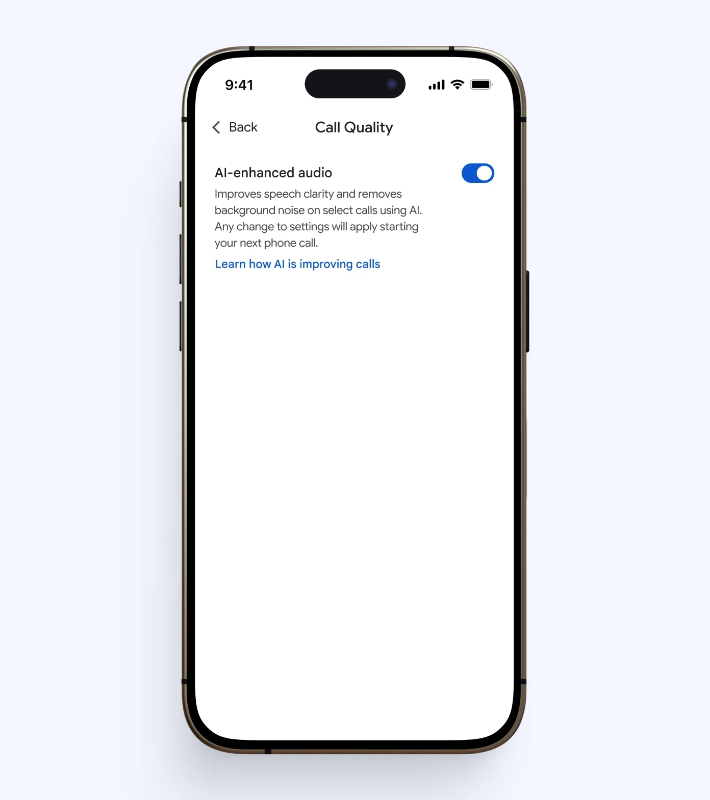 A screen view of an iPhone, showing the Call Quality page where a user has switched on AI-enhanced audio.