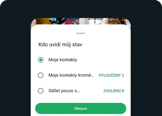 ukázka, kdo může vidět váš stav ve WhatsAppu, a možnost vybrat lidi, se kterými chcete stav sdílet