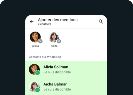 exemple de la fonctionnalité de mention de personnes dans votre statut whatsapp pour leur faire savoir que vous avez partagé quelque chose