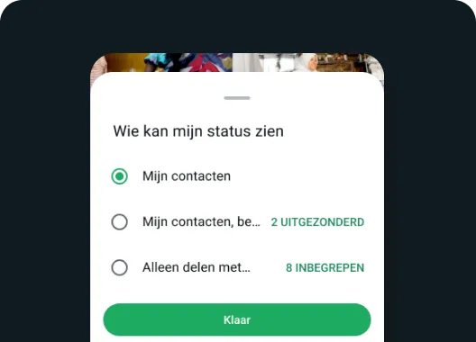 de functie Wie je status kan zien in whatsapp die laat zien dat jij de mensen kunt kiezen met wie je je status wilt delen