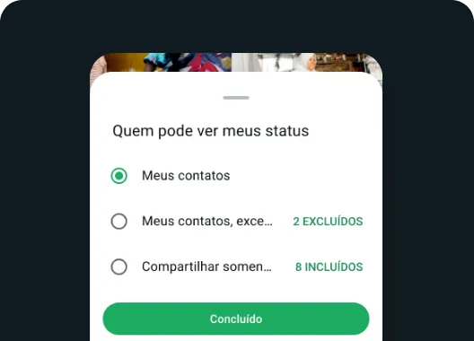recurso de quem pode ver meu status no whatsapp mostrando que você pode selecionar as pessoas com quem deseja compartilhar seu status