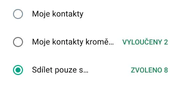 ukázka, jak sdílet stav jen s určitými lidmi na WhatsAppu