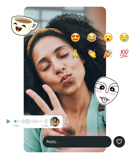 two friends laughing with whatspp status features such as voice notes stickers and gifs being shown