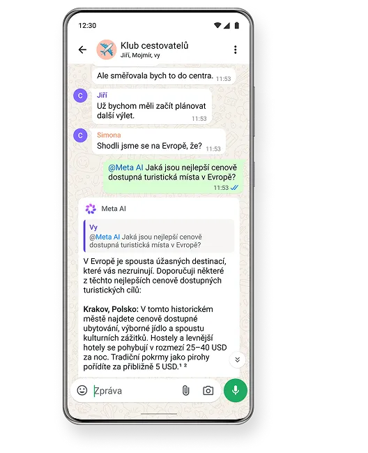 Skupinový chat na obrazovce smartphonu nazvaný „Cestovatelský klub“, kde se plánuje dovolená v Evropě a Meta AI poskytuje cestovatelské tipy.