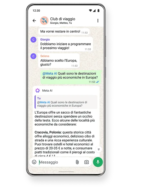 Smartphone che mostra una chat di gruppo chiamata "Travel club" in cui si programma un viaggio in Europa e Meta AI dà consigli.