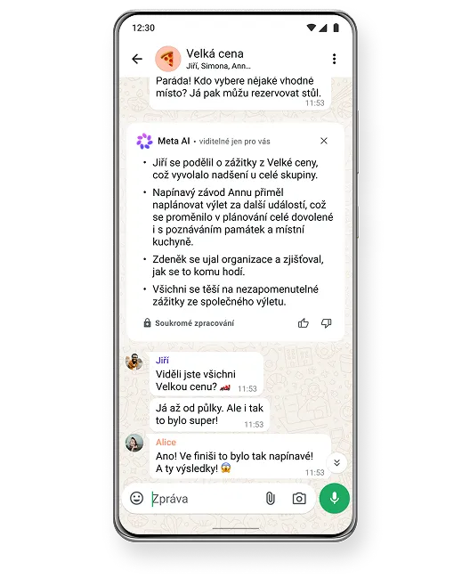 Skupinový chat na obrazovce smartphonu nazvaný „Fanoušci“, kde jsou zprávy o Velké ceně, jména účastníků, emoji a tlačítko pro odeslání.