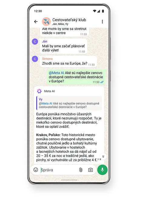 Smartfón so skupinovým chatom s názvom „Cestovateľský klub“, ktorého členovia plánujú výlet do Európy a Meta AI im dáva odporúčania.
