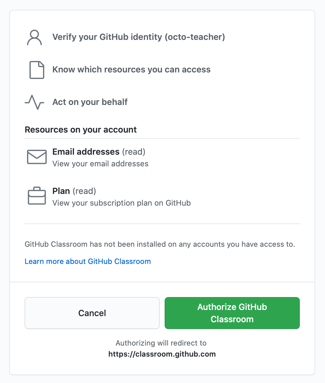 Schaltfläche „GitHub Classroom autorisieren“ für das persönliche Konto
