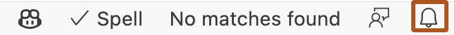 Screenshot of the Visual Studio Code task bar with GitHub Copilot icons. The bell icon is outlined in dark orange.
