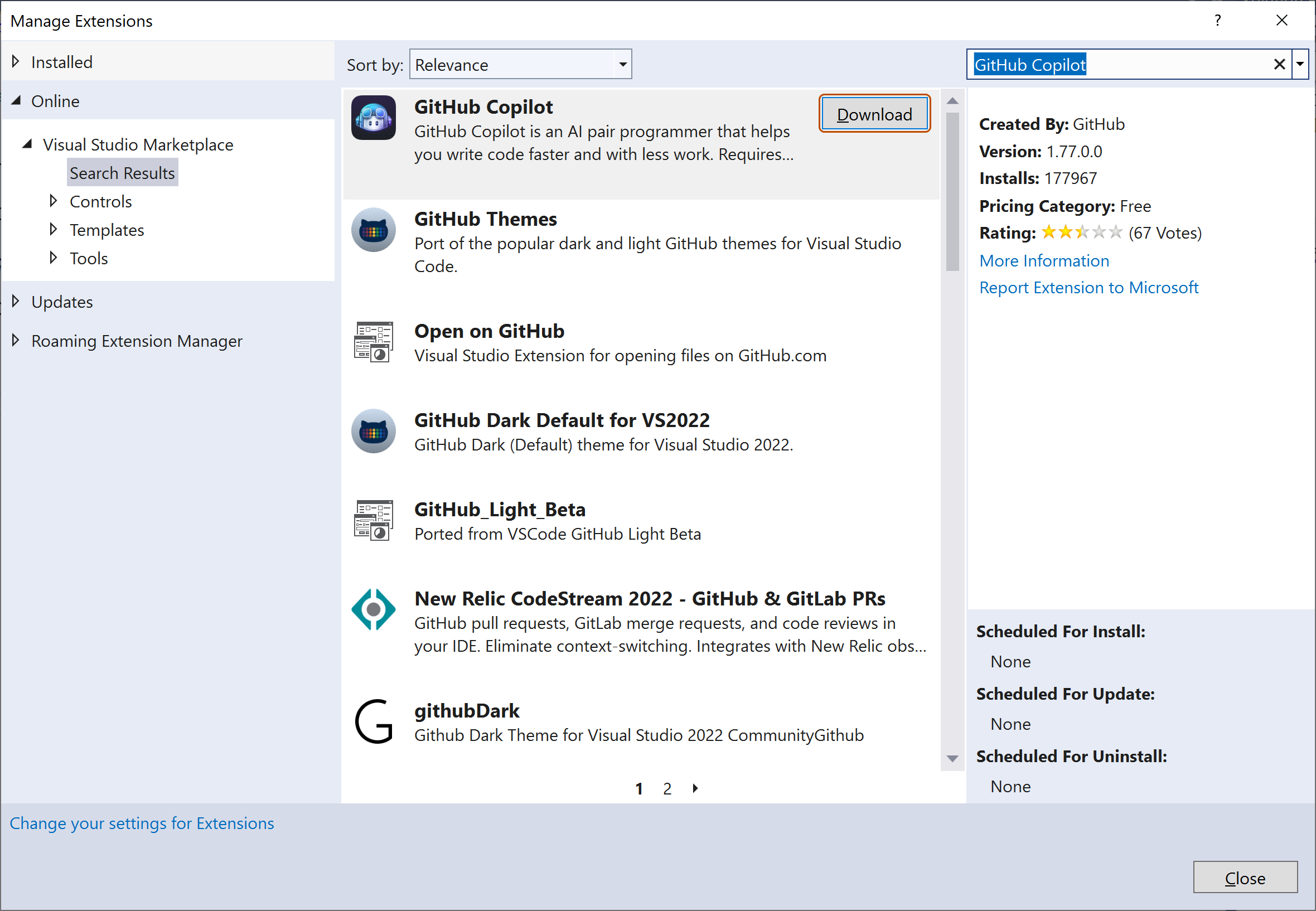 Screenshot of a list of search results. Next to the GitHub Copilot extension, the "Download" button is highlighted with an orange outline.