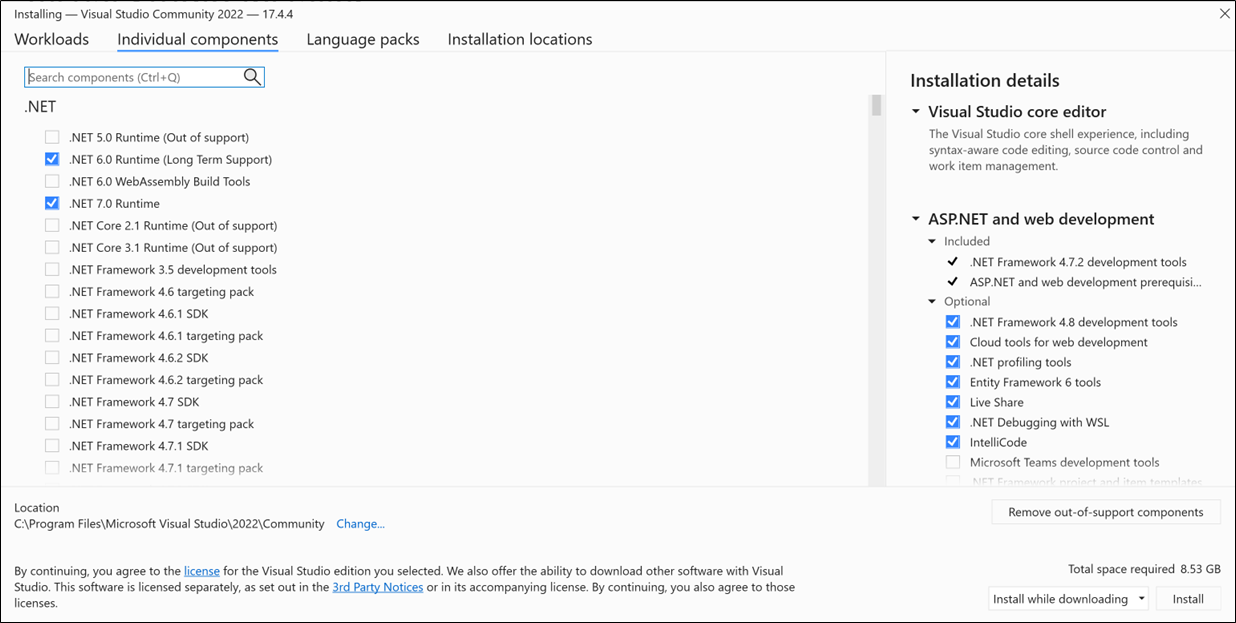 Install Visual Studio individual components Screenshot showing the Individual components tab of the Visual Studio Installer.